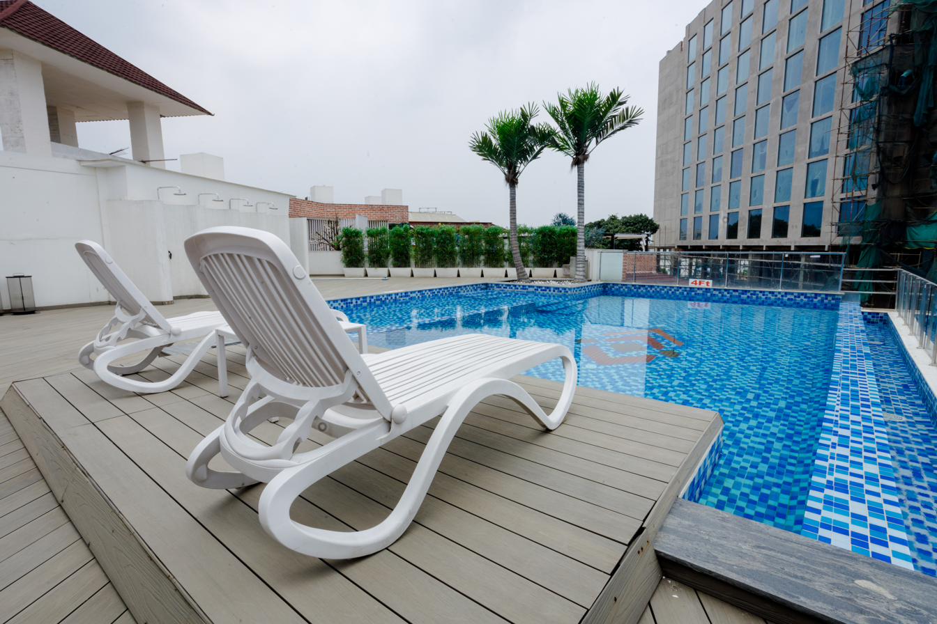 Rooftop swimming pool with Kathmandu skyline